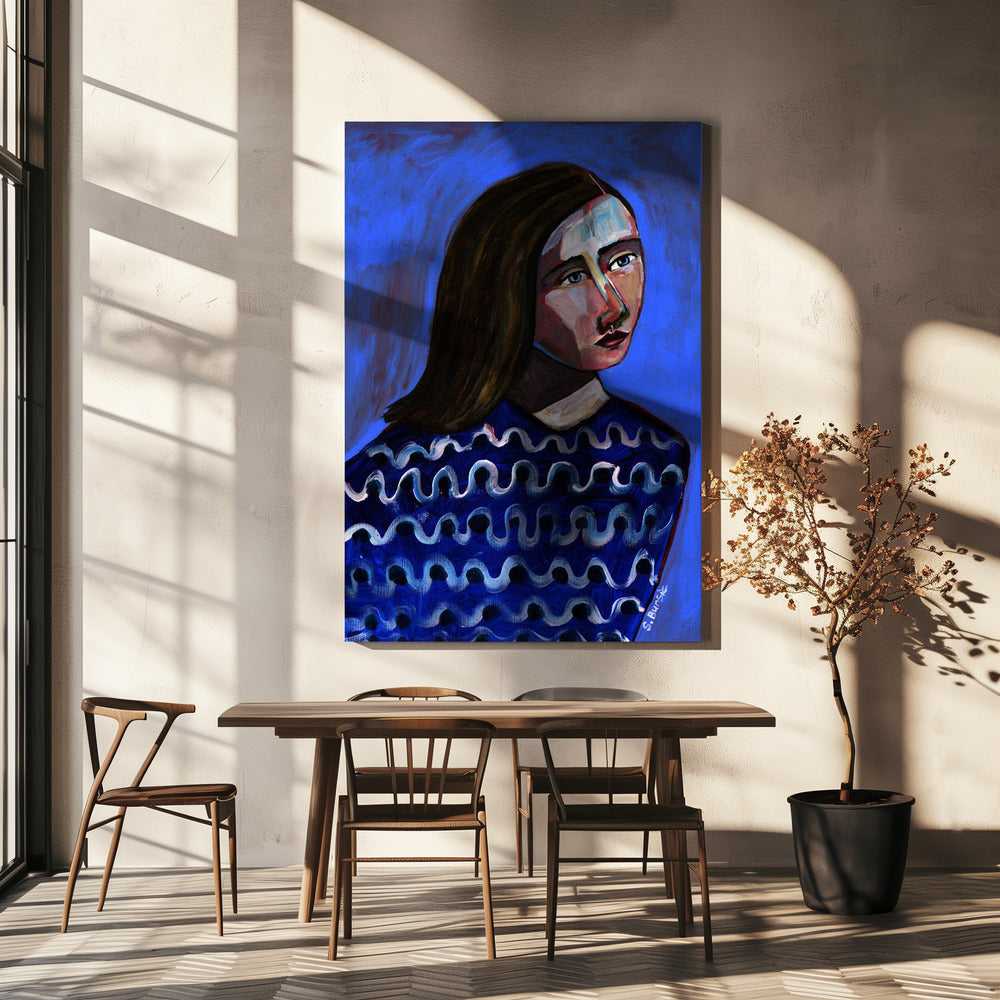 Vrouw in blauwe trui Naïef portret figuratief | Canvas