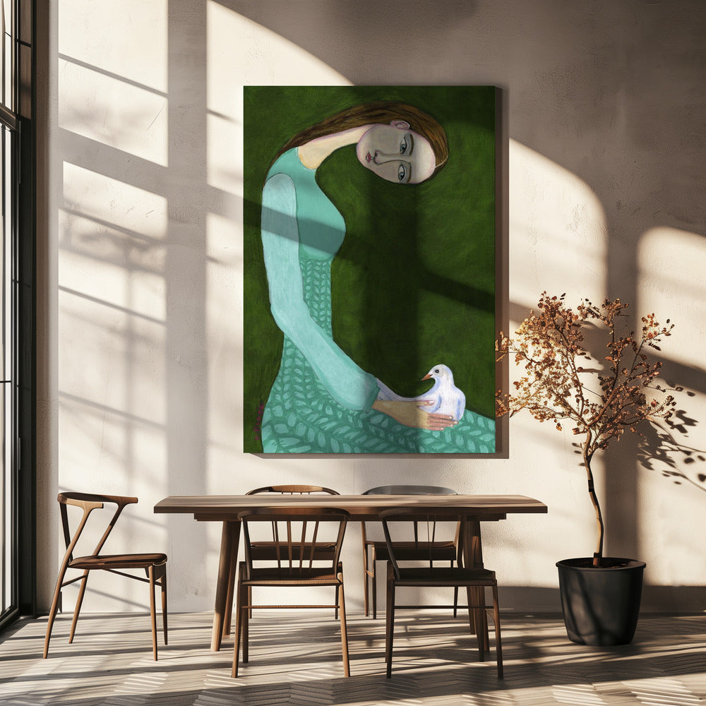 Dame zittend met witte duif vogel vrouw | Canvas