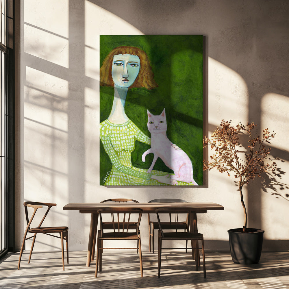Kattenvrouw met roze kat | Canvas