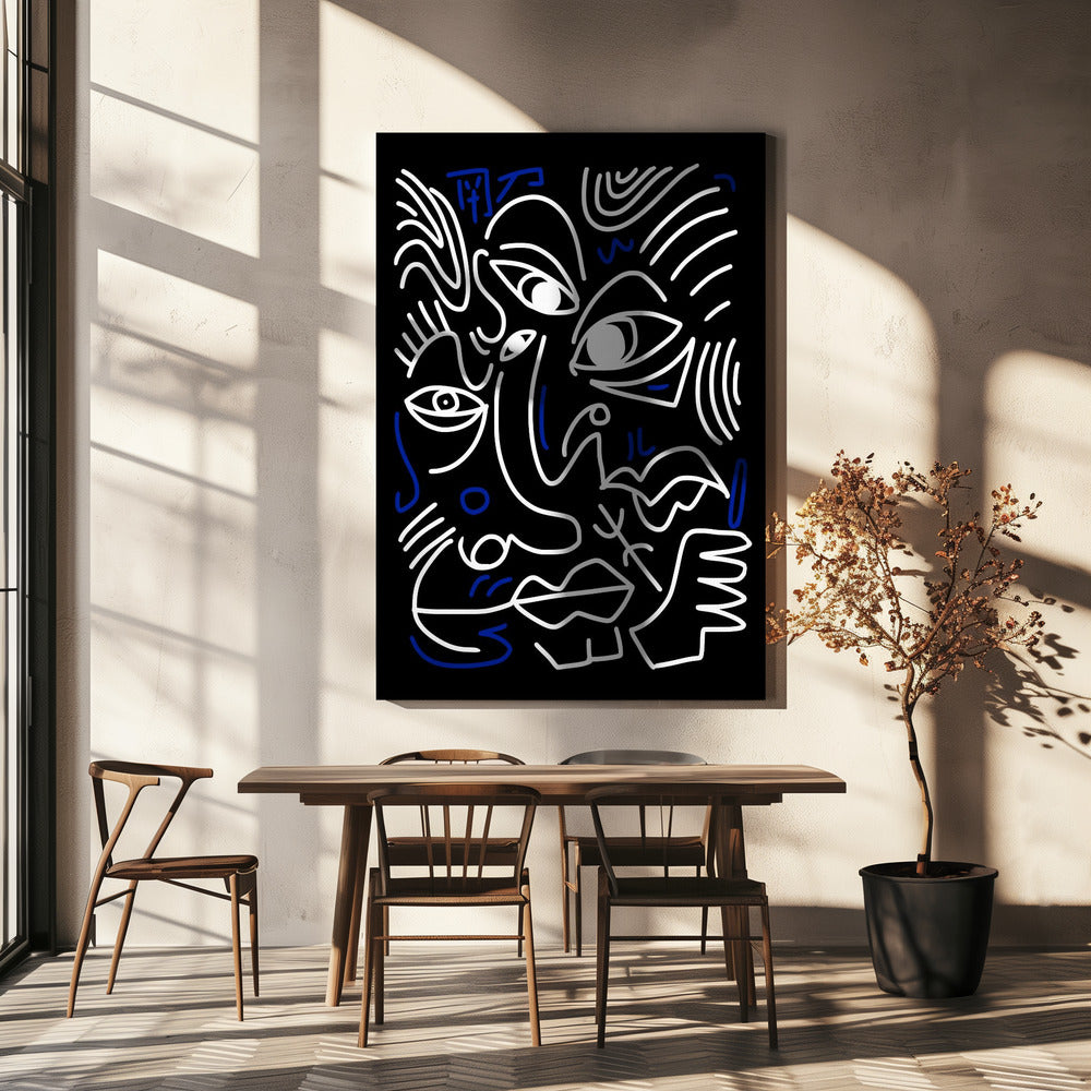 Witte en blauwe lijnen op een zwarte achtergrond | Canvas
