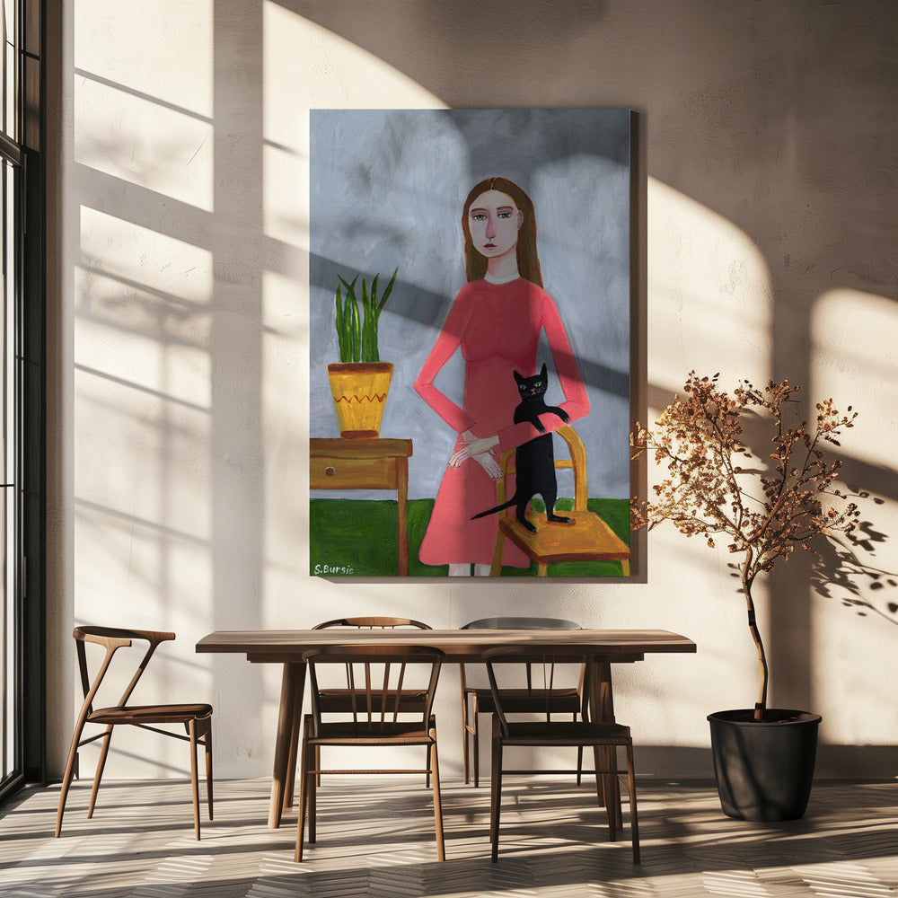 Kattenvrouw met zwarte kat | Canvas