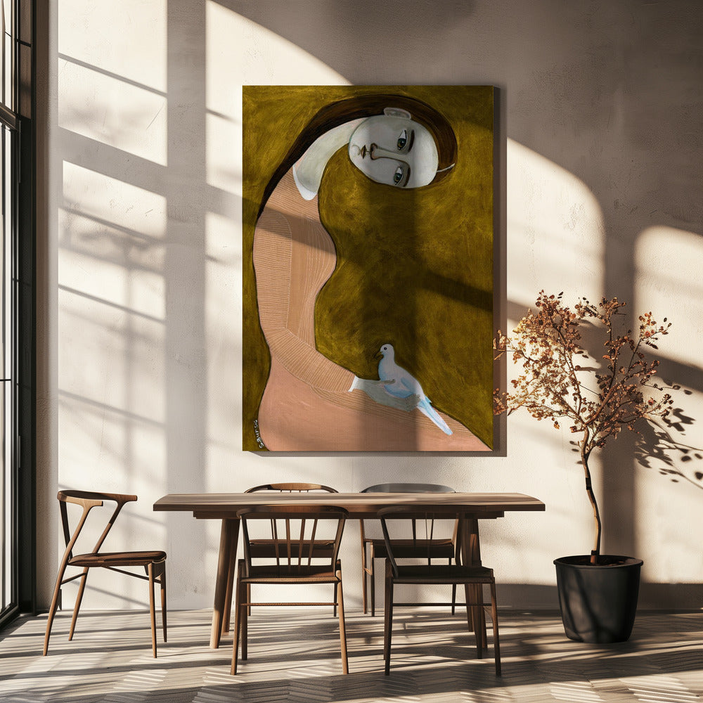 Meisje met duif zittend met roze jurk | Canvas