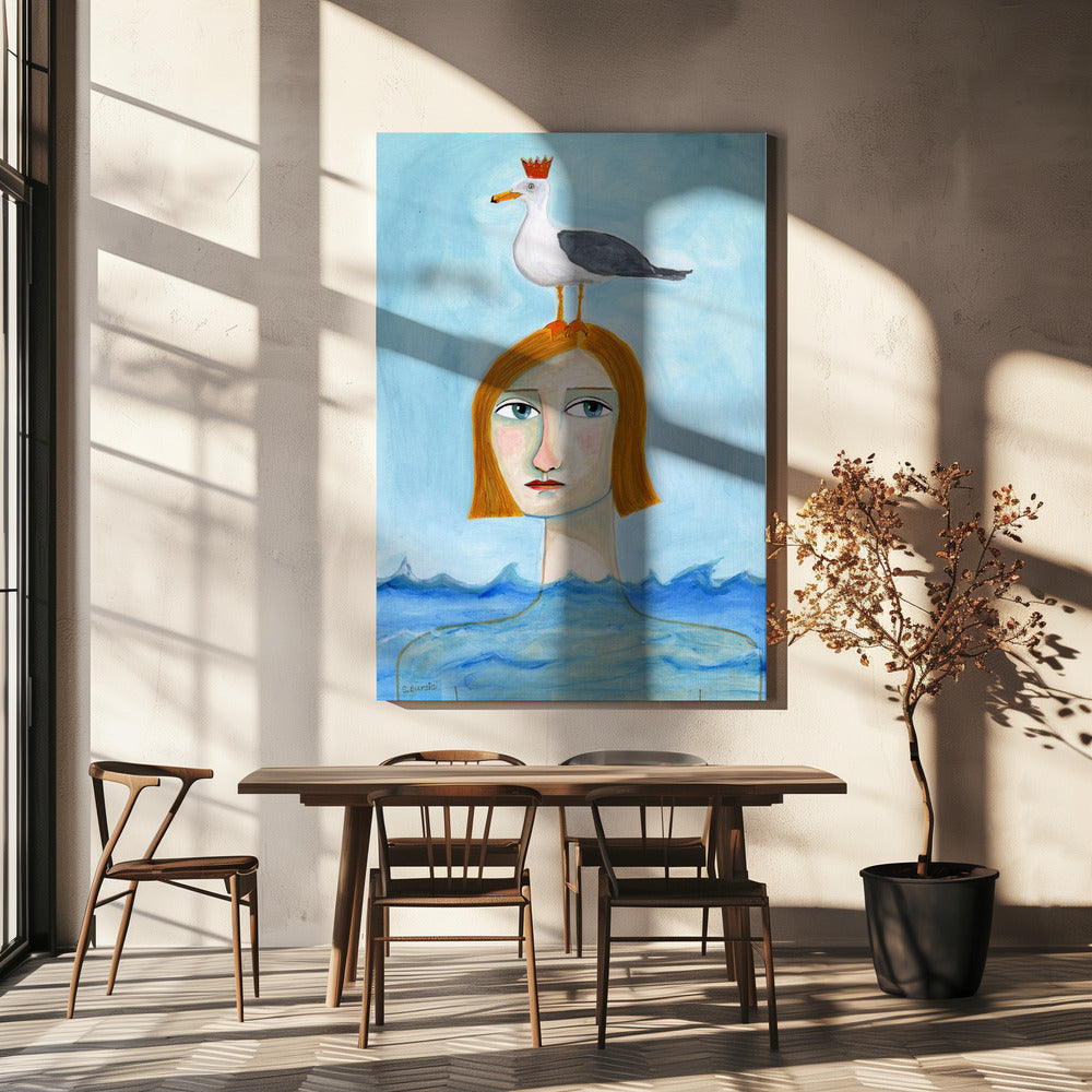 Naakte dame in oceaan met meeuw | Canvas