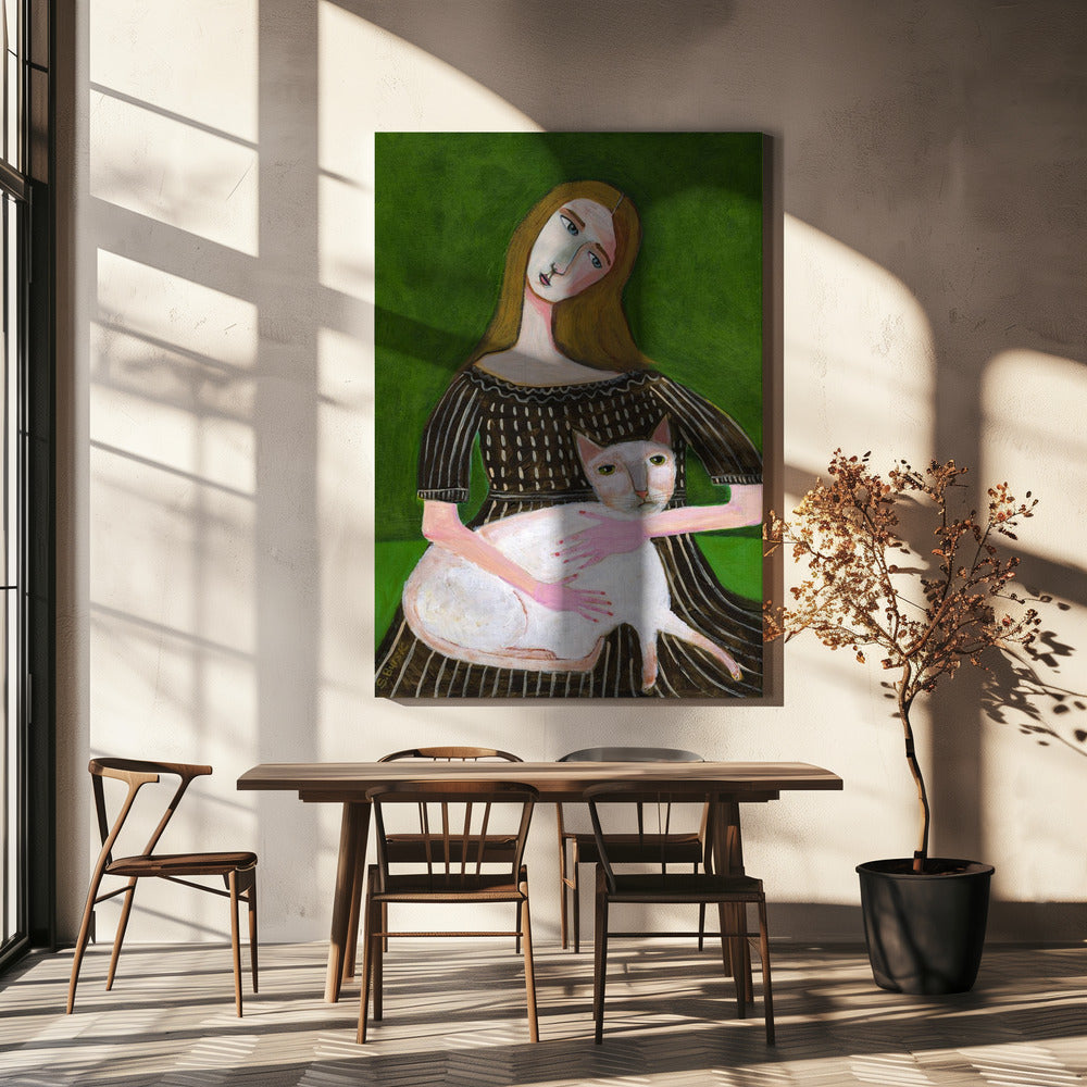 Vintage dame met witte kat | Canvas