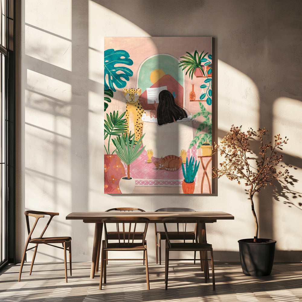 Woman taking bath in pink tropical bathroom | Canvas