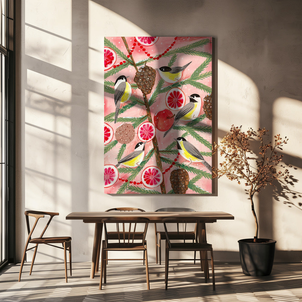 Winter birds Tits in the pine tree at Christmas | Canvas