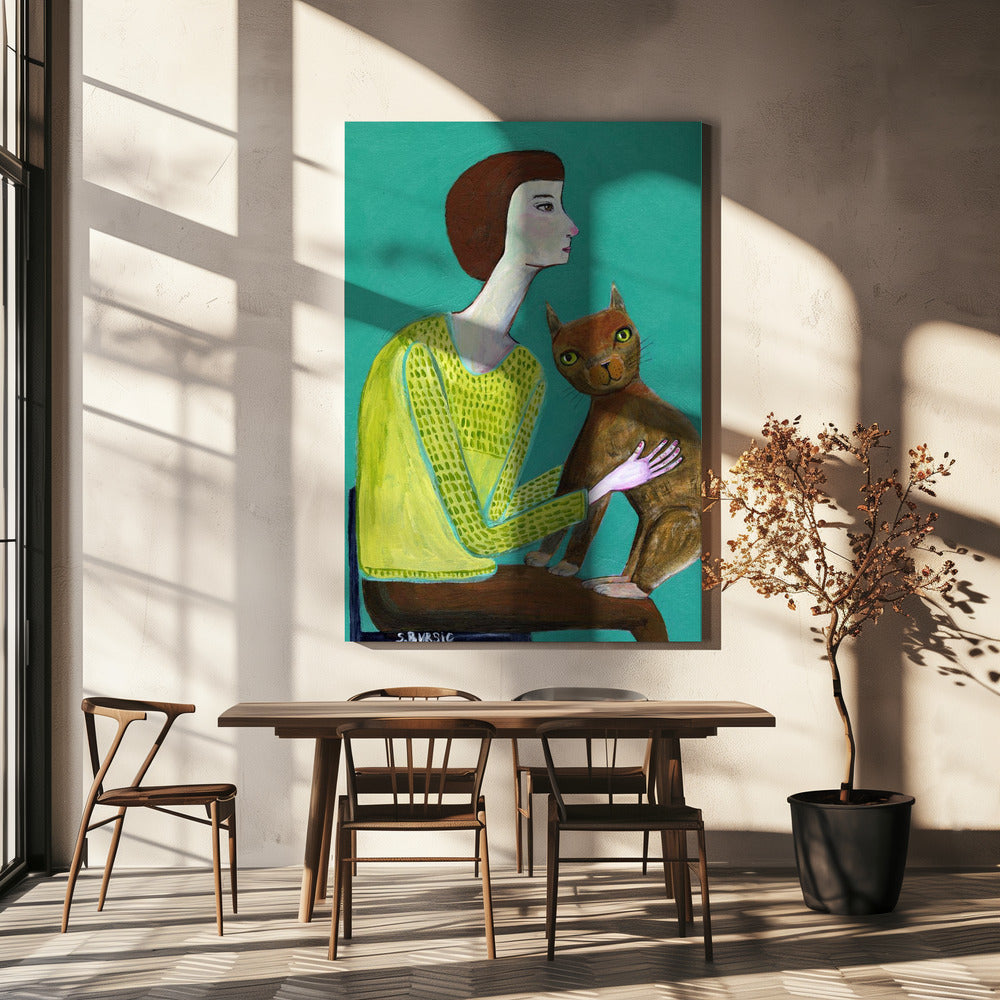 Dame zittend met bruine kat Kattenliefhebber | Canvas