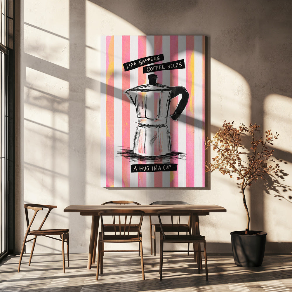 Mocca koffie op strepen - Knuffel in een kopje | Canvas