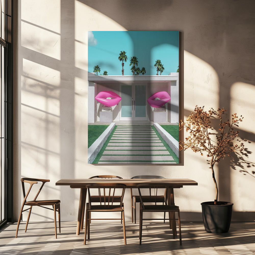 Mid-Century Modern Huis met Roze Lippen | Canvas
