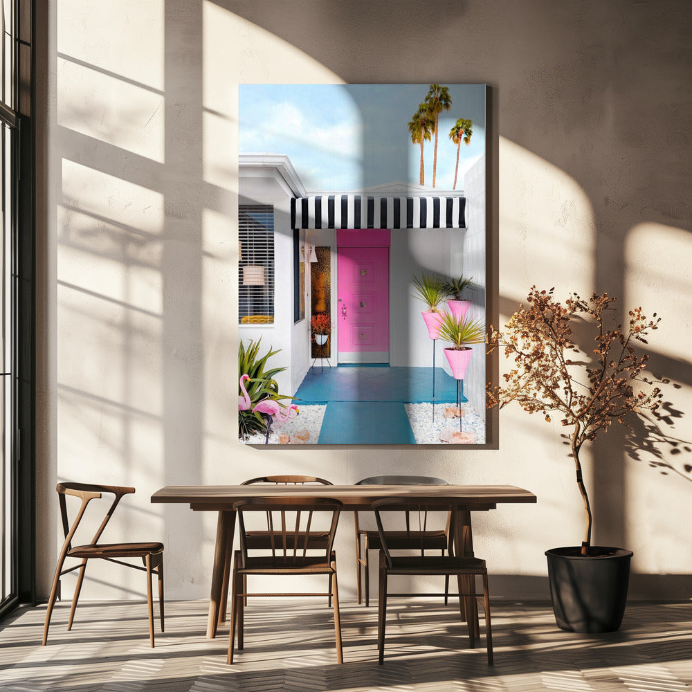 Roze deur met tuinflamingo's | Canvas