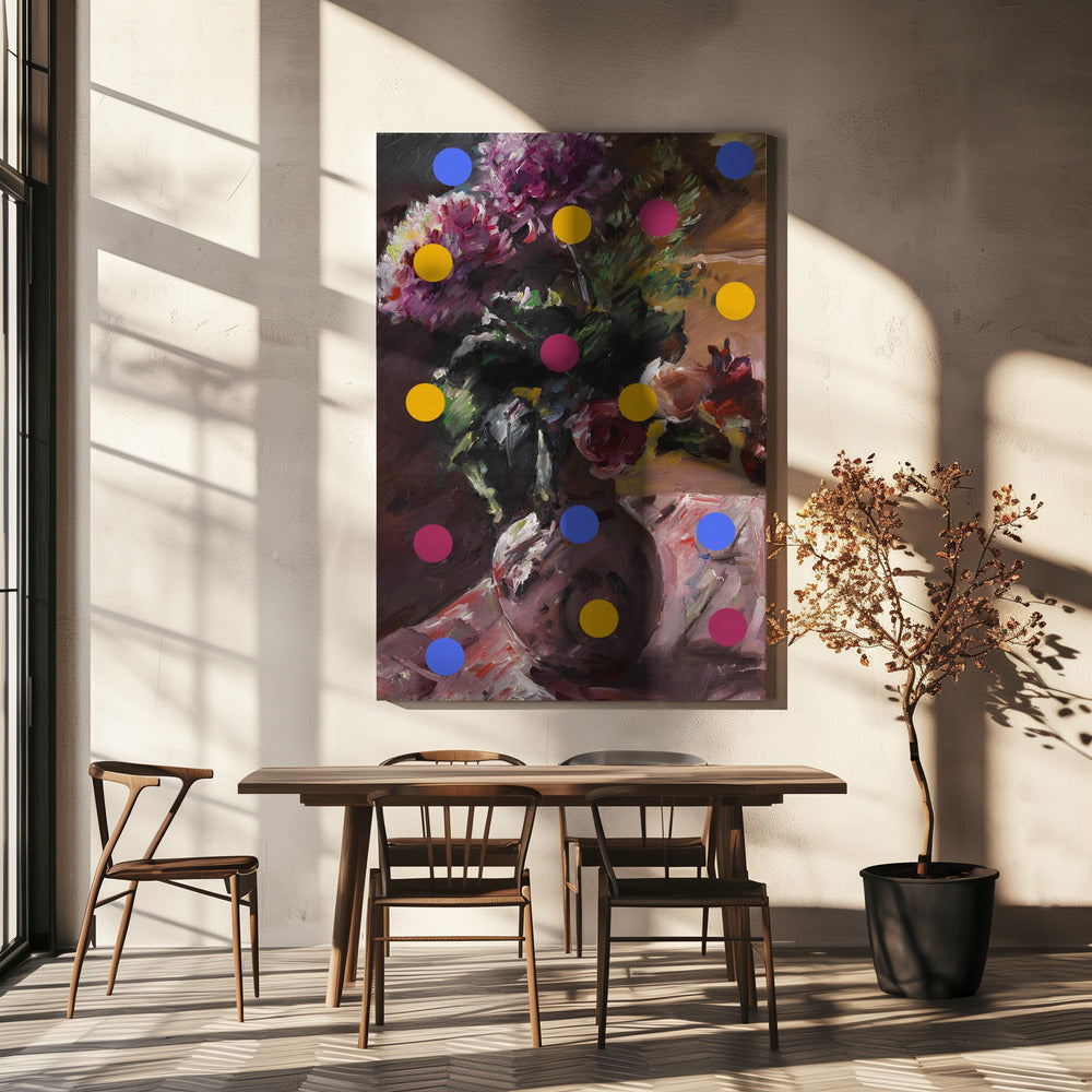 Klassieke vaas met bloemen en stippen | Canvas