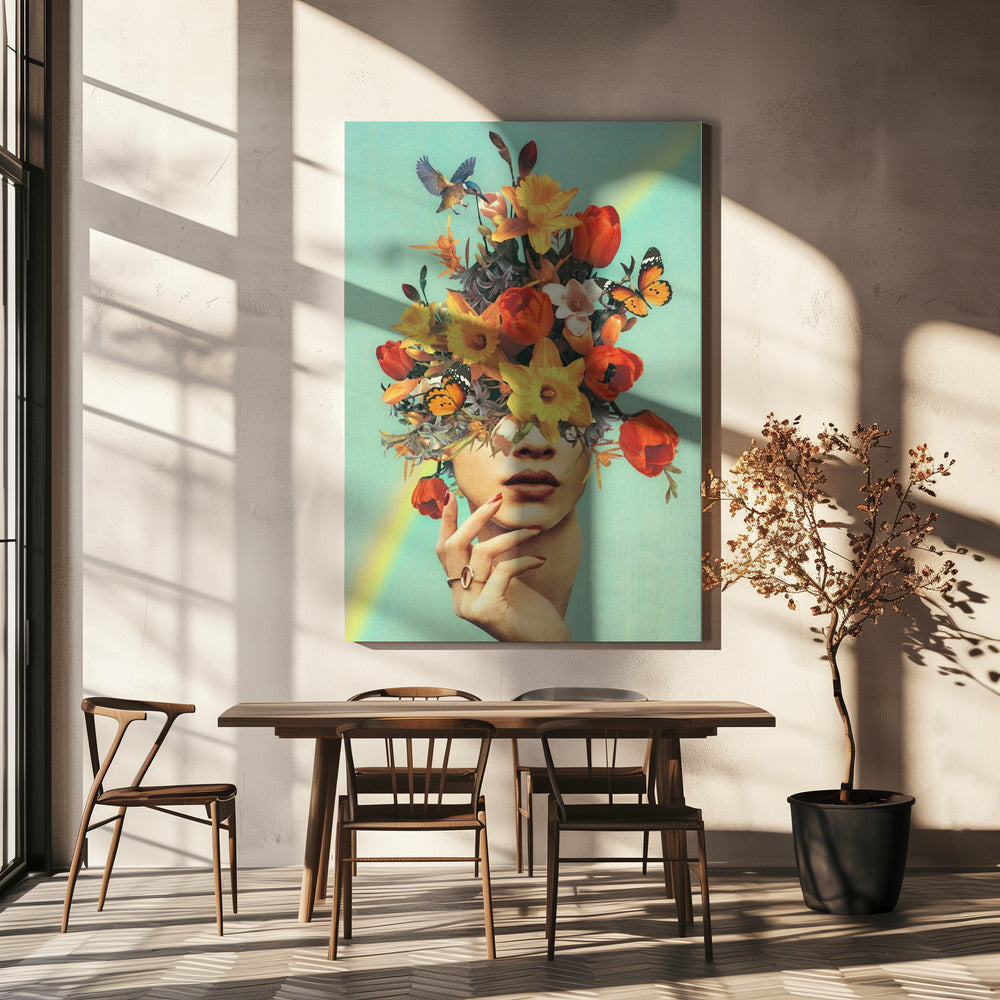 Baby in bloei - Regenboog, bloemen, vogels en vlinders | Canvas