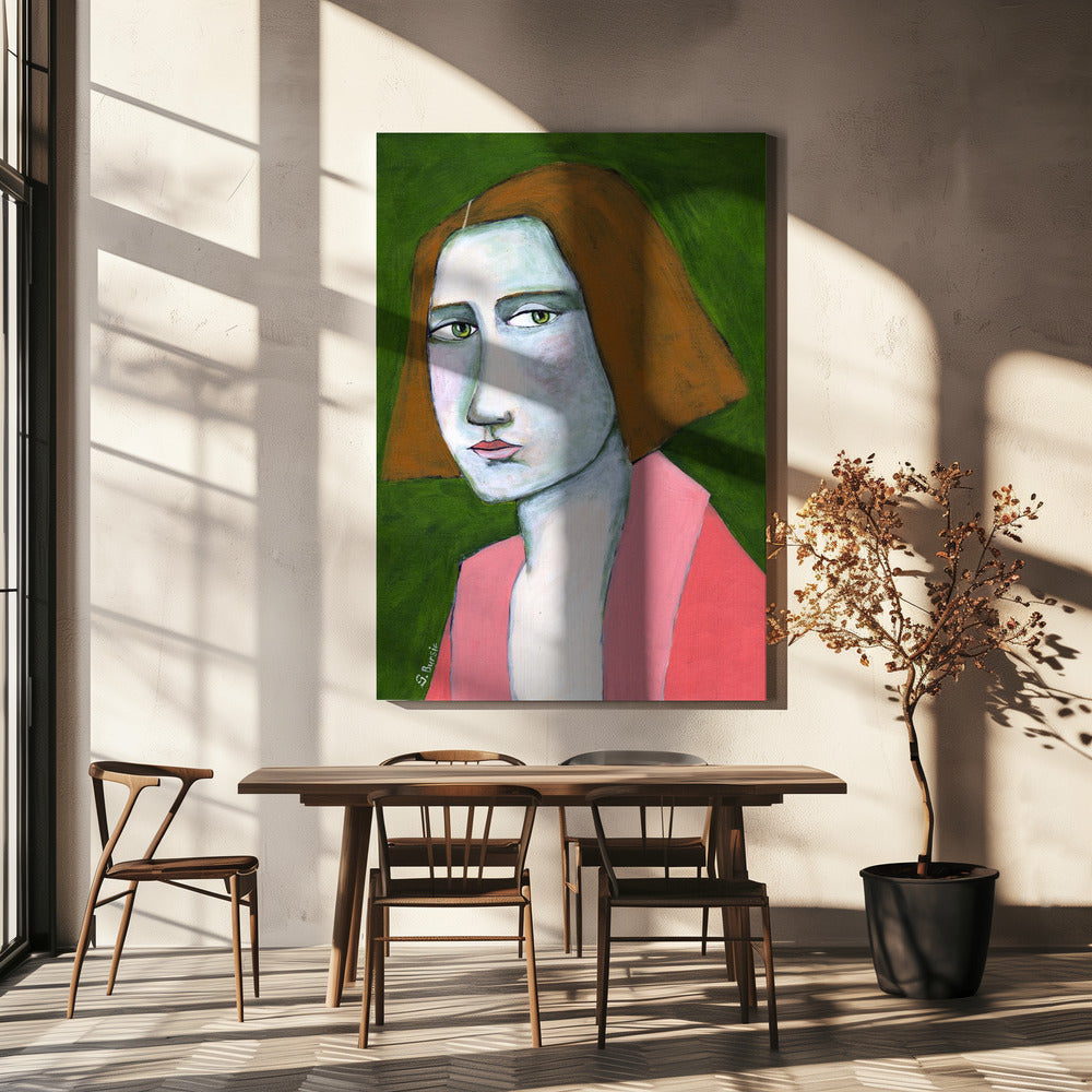 Vrouw in roze jasje | Canvas