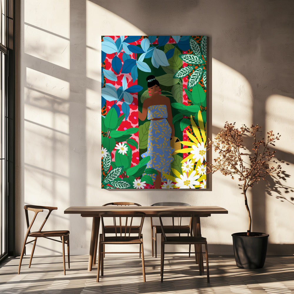 Vrouw in een jurk met bloemen | Canvas