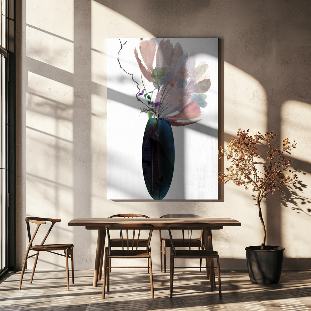 Blush Pink Floral In Blue Glass Vase | Canvas