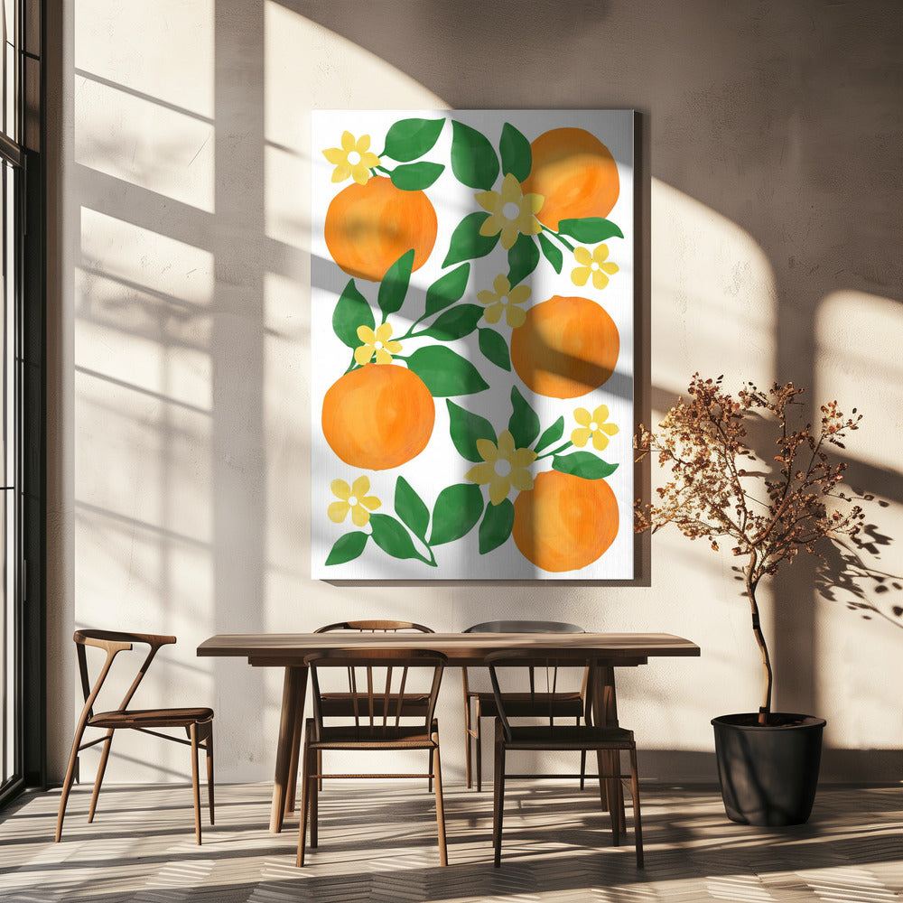 Sinaasappels met groene bladeren en delicate gele bloemen | Canvas