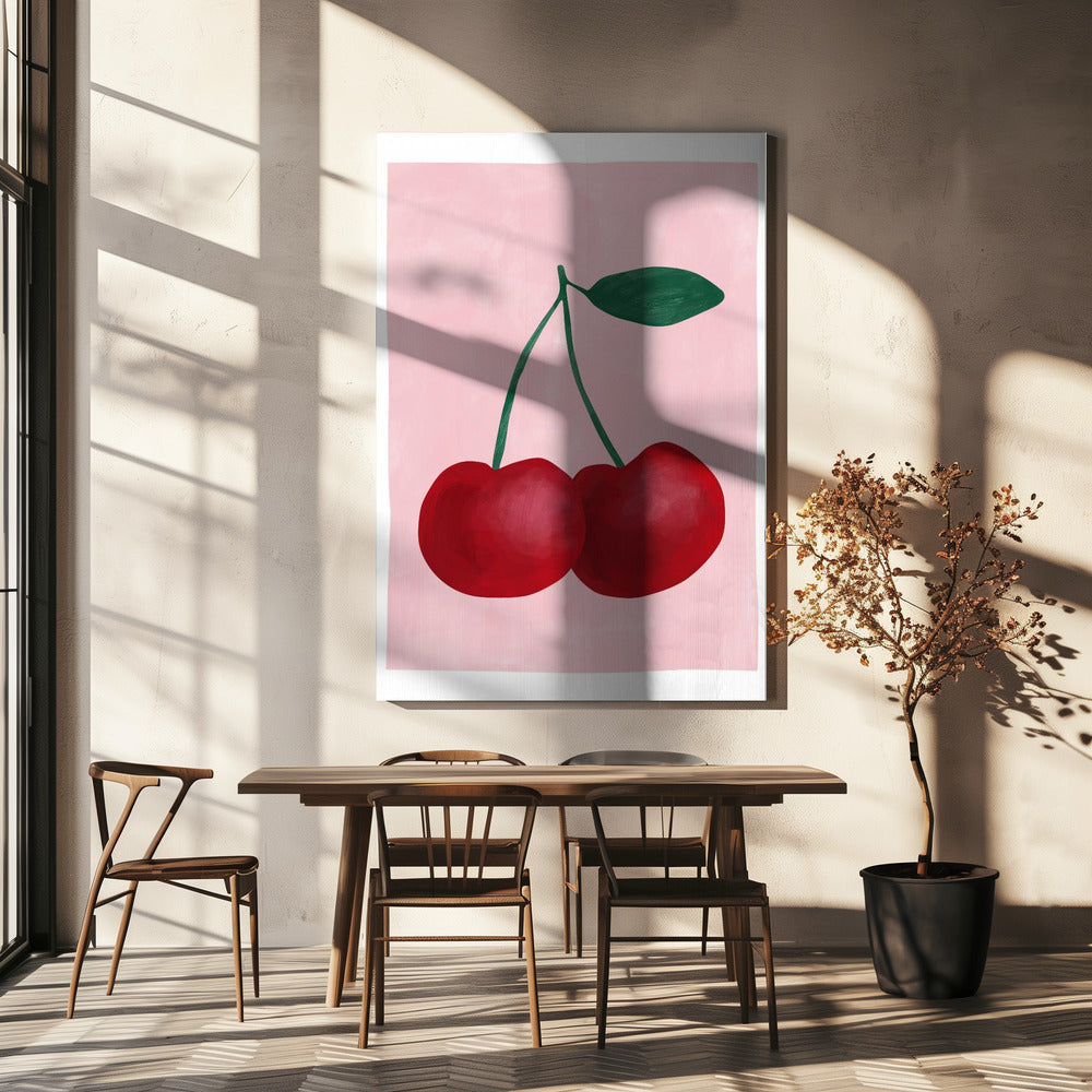 Rode kersen met een groen blad | Canvas