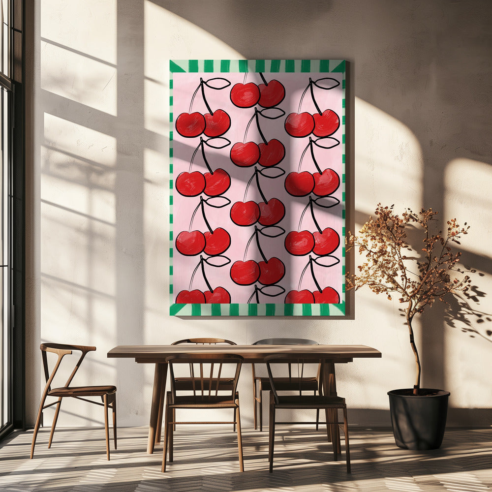 Rode kersen op een roze | Canvas