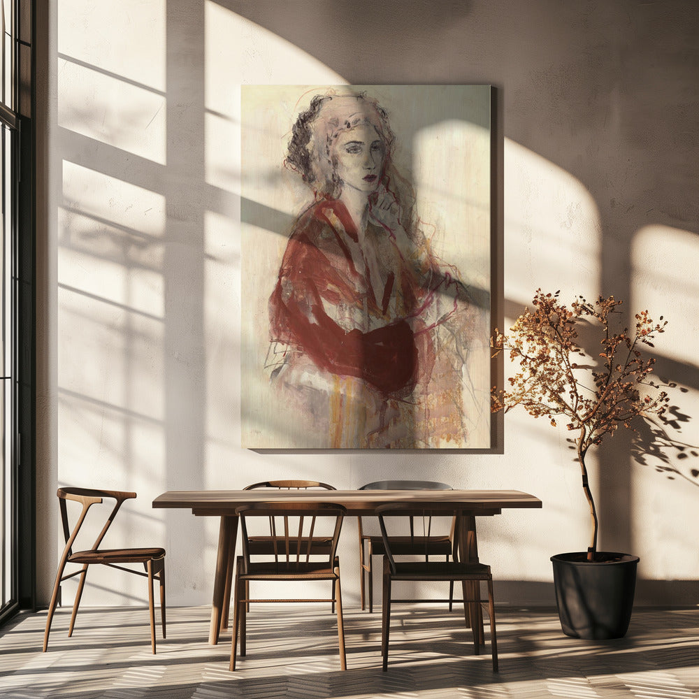 Contemplative Woman In Warm Red Tones | Canvas