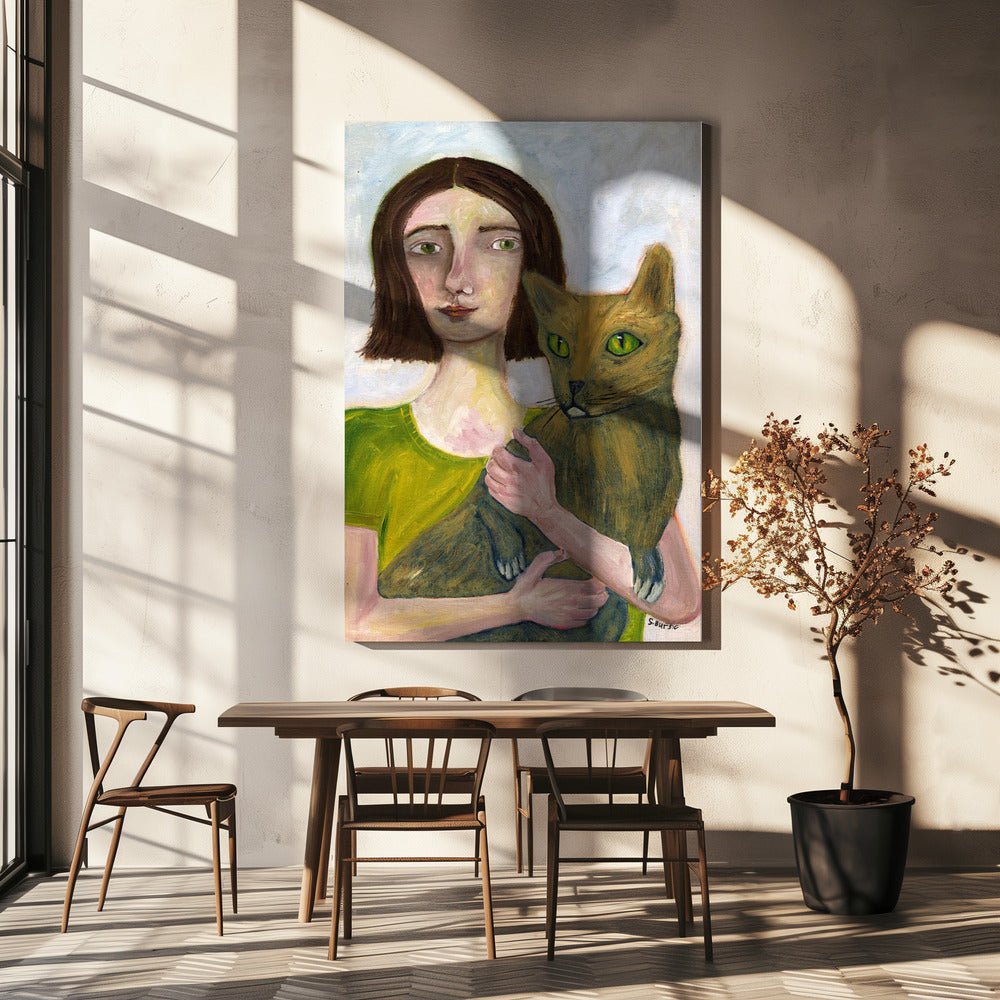 Kattenvrouw met groene kat | Canvas