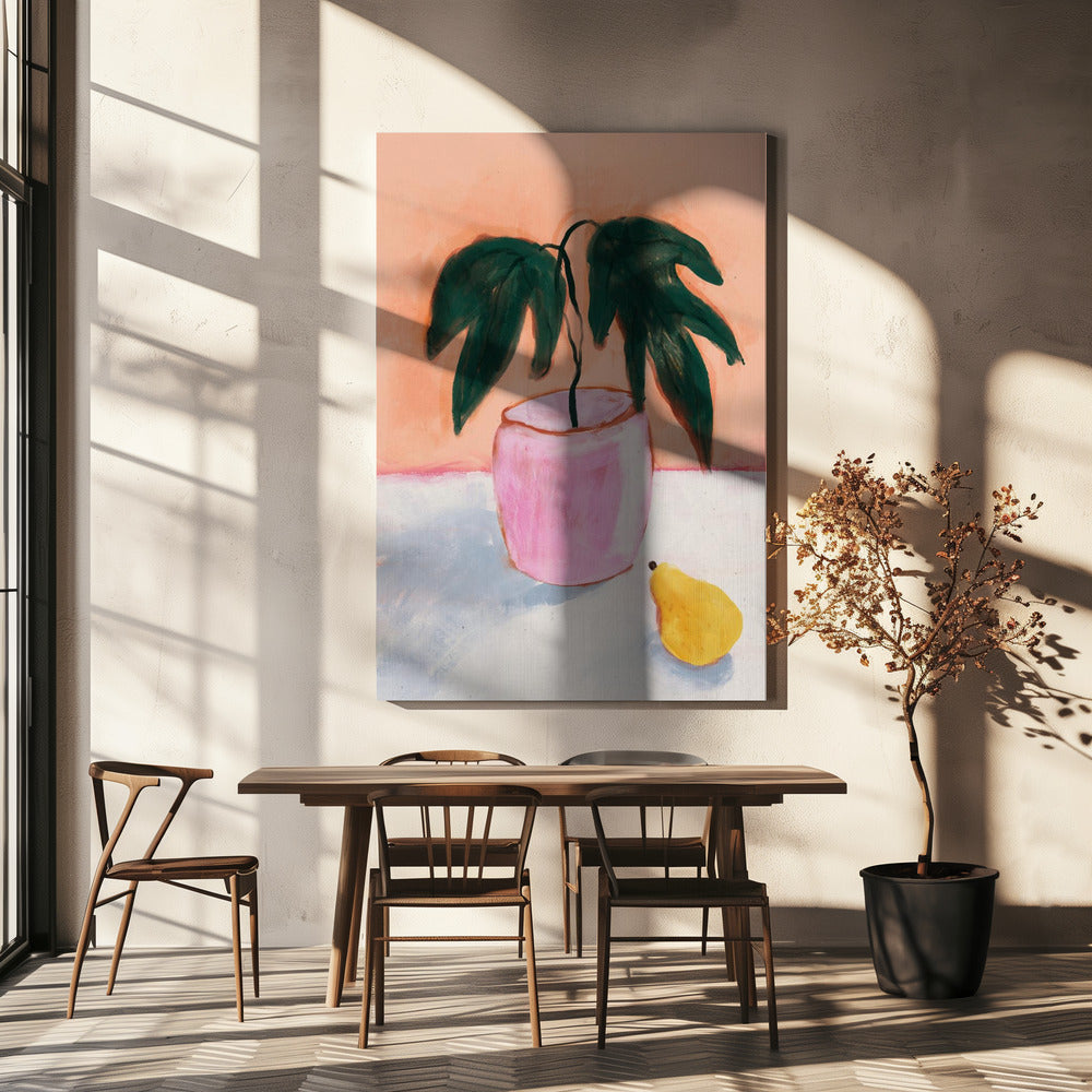 Roze pot, gele peer | Canvas