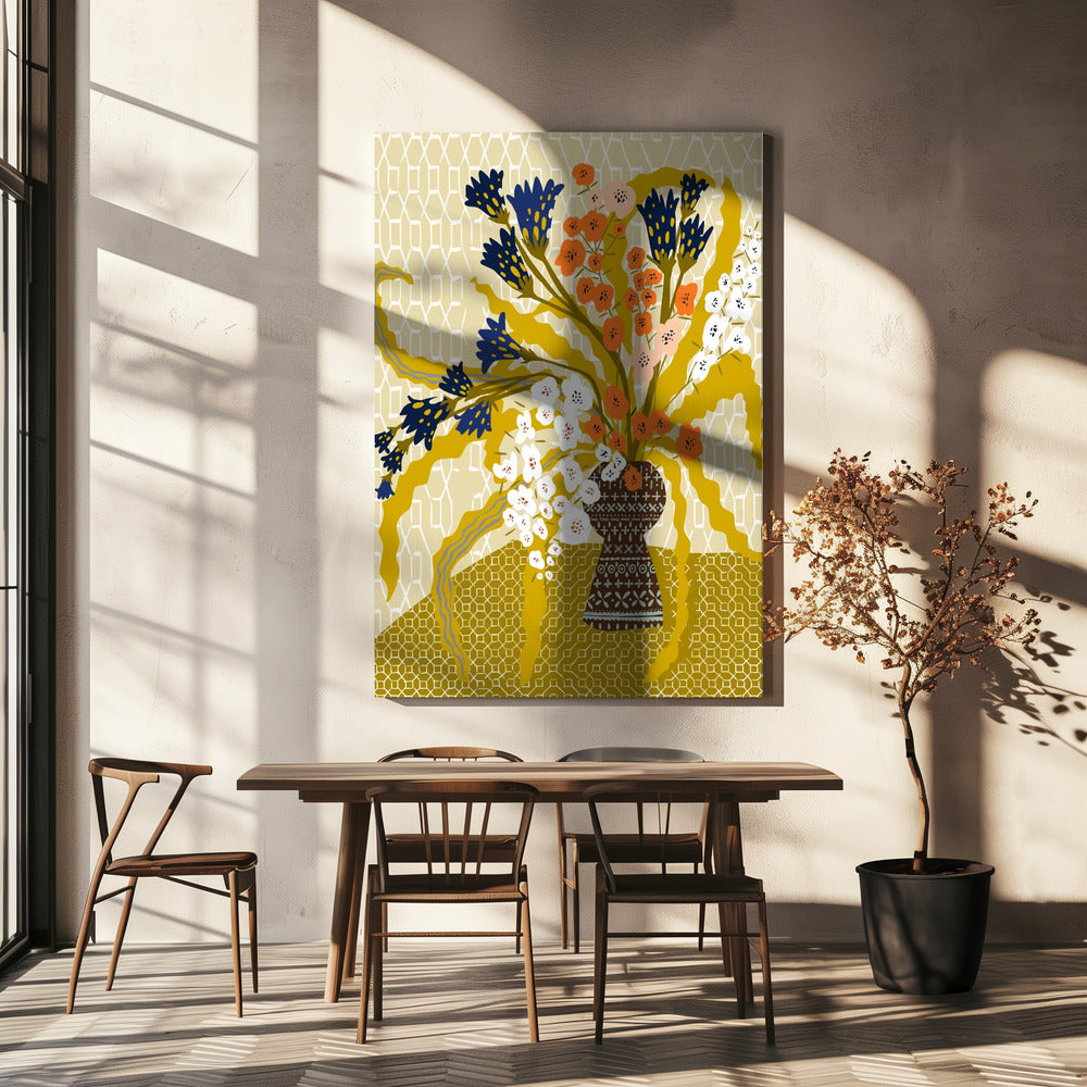 Bloemig hedendaags stilleven mosterdgeel | Canvas