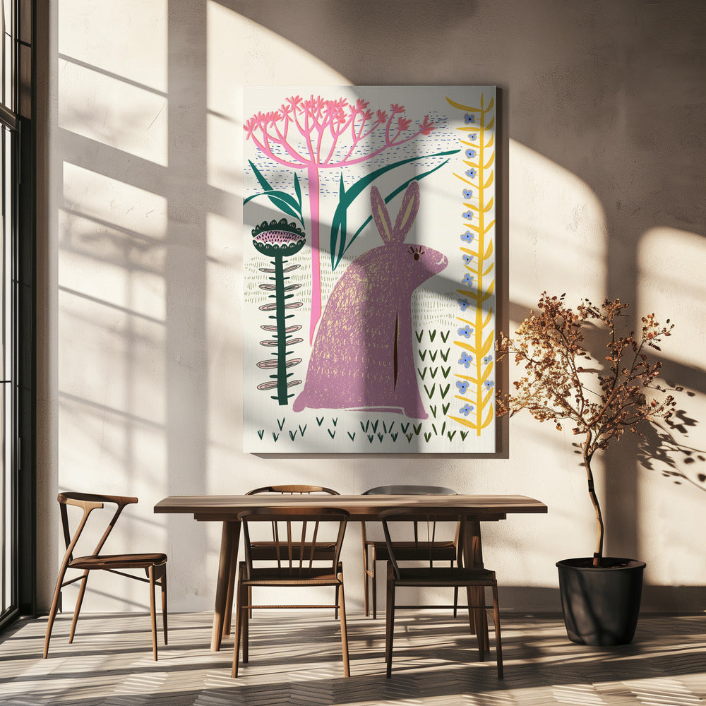 Blokdruk lila konijn | Canvas