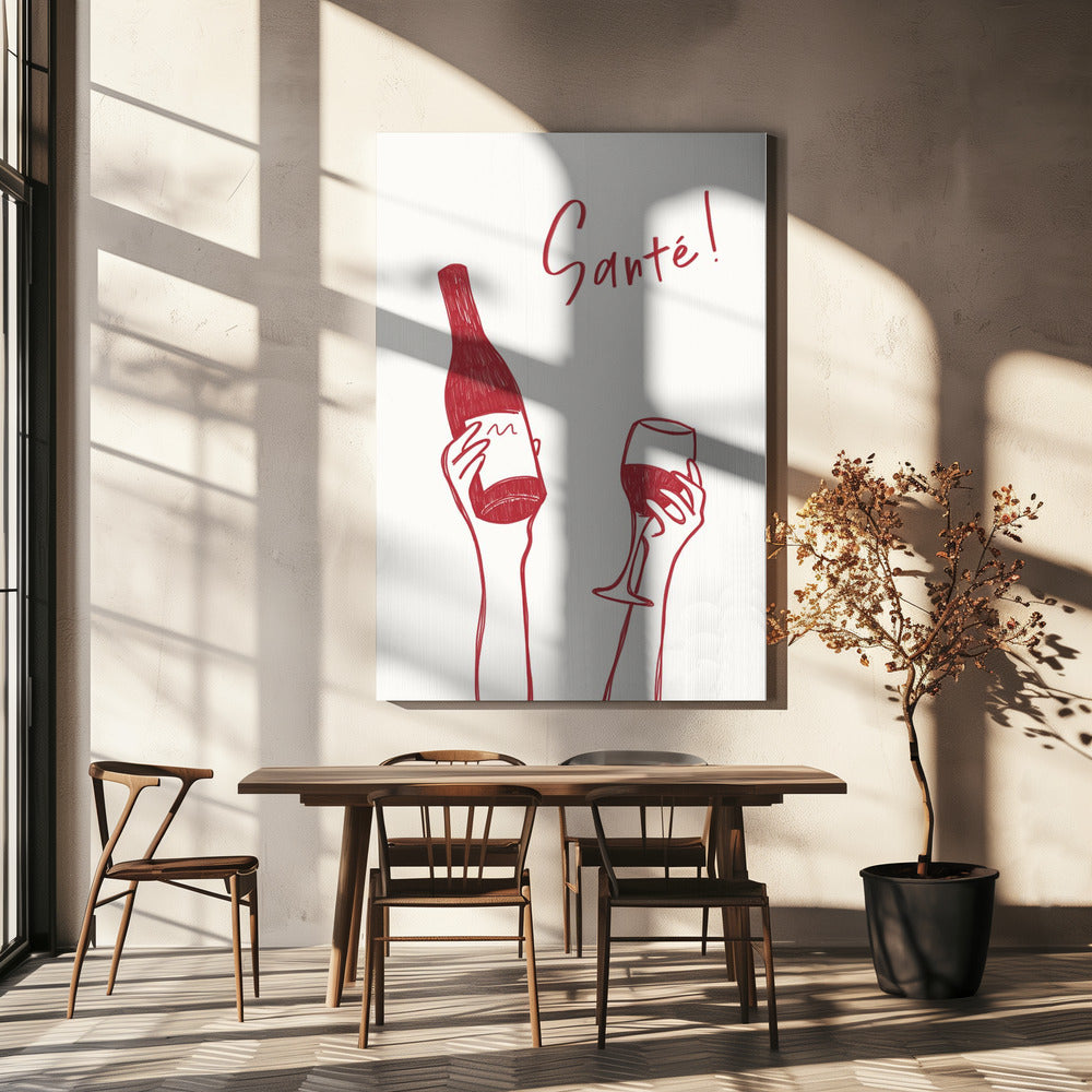 Handen met een fles wijn en een wijnglas met de tekst "Proost!" in het Frans | Canvas