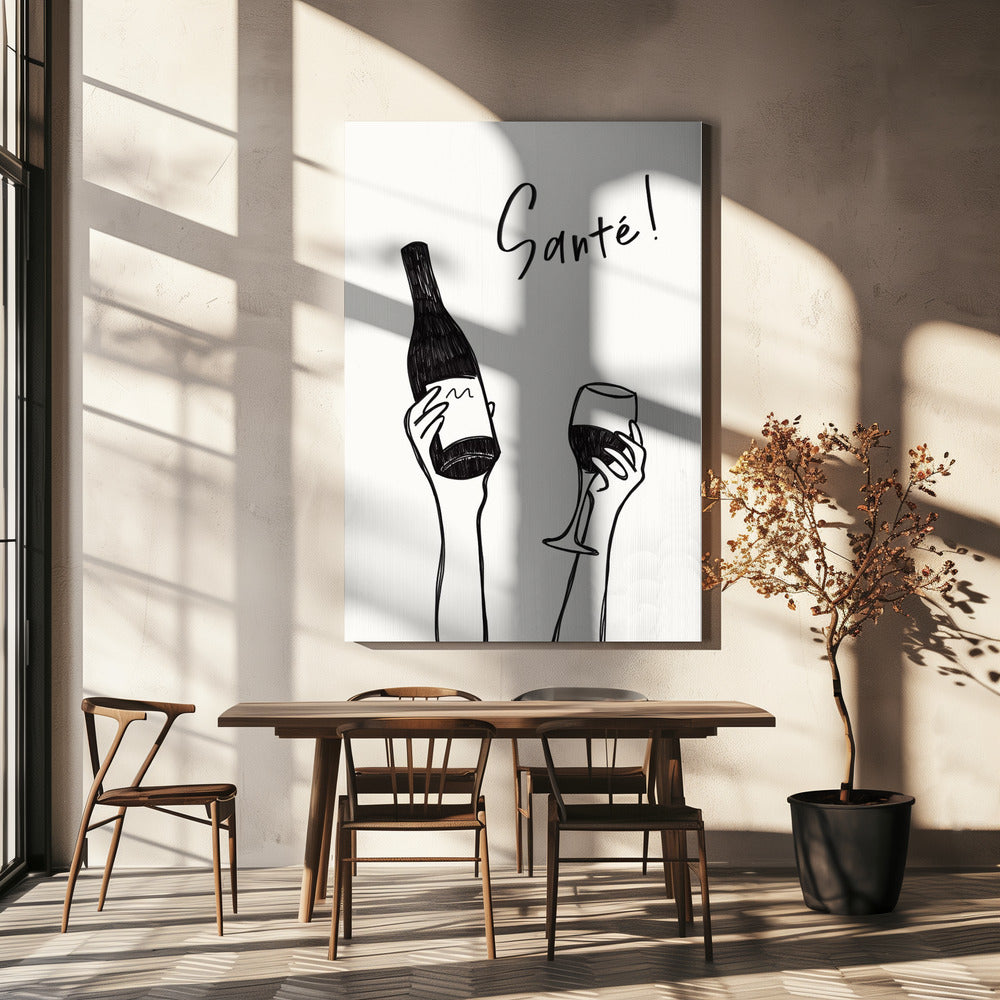 Handen met een fles wijn en een wijnglas met de tekst "Proost!" in het Frans | Canvas