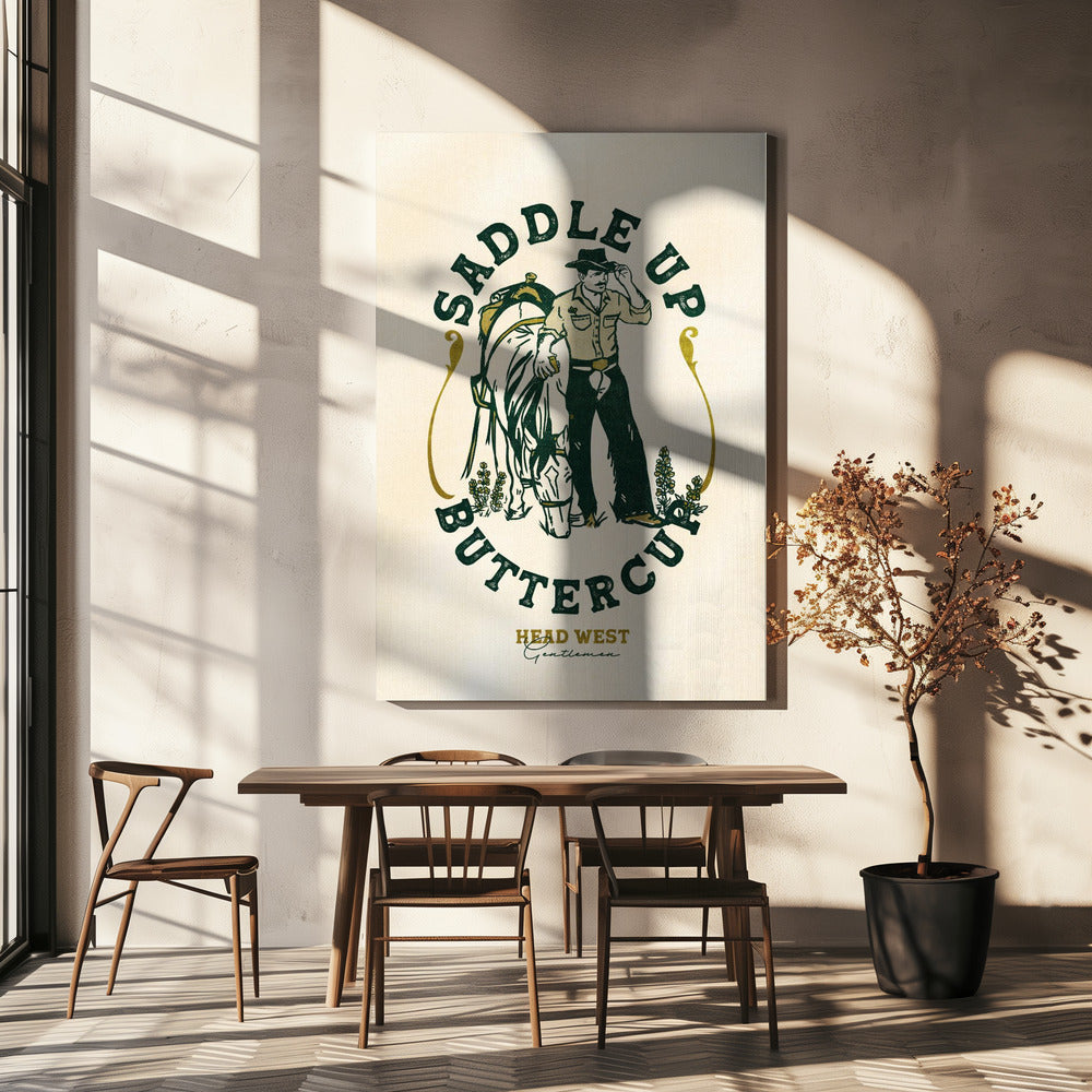 Kunstdruk van een cowboy en paard met zadel en boterbloem | Canvas