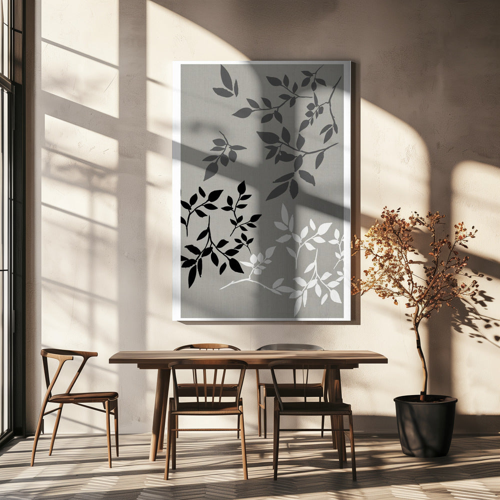 Wit Grijs Zwart Bladeren Op Linnen 2 | Canvas