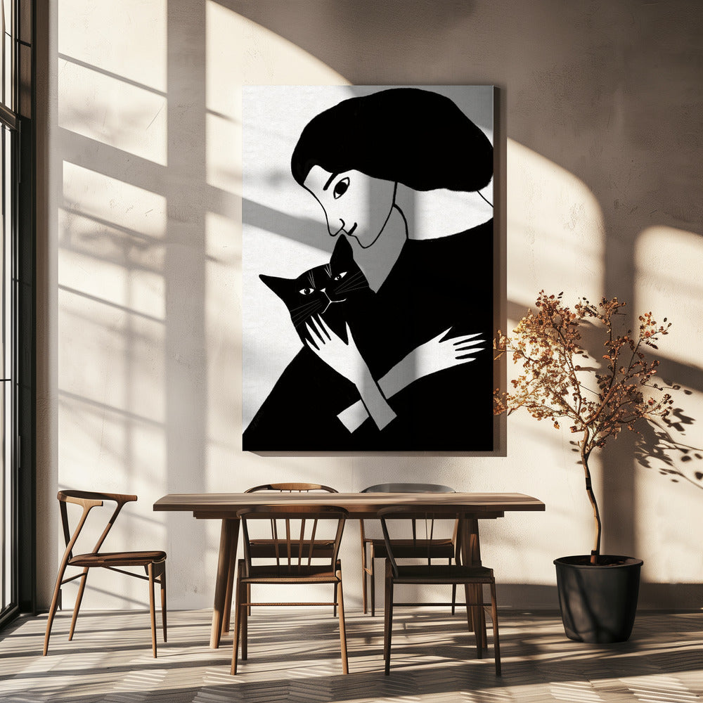 Kattenvrouw met zwarte kat | Canvas