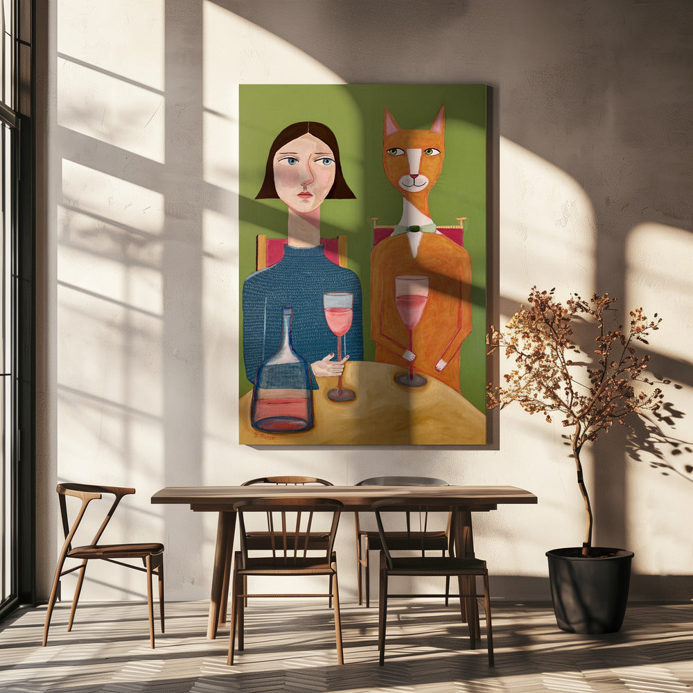 Dame en kat drinken wijn | Canvas