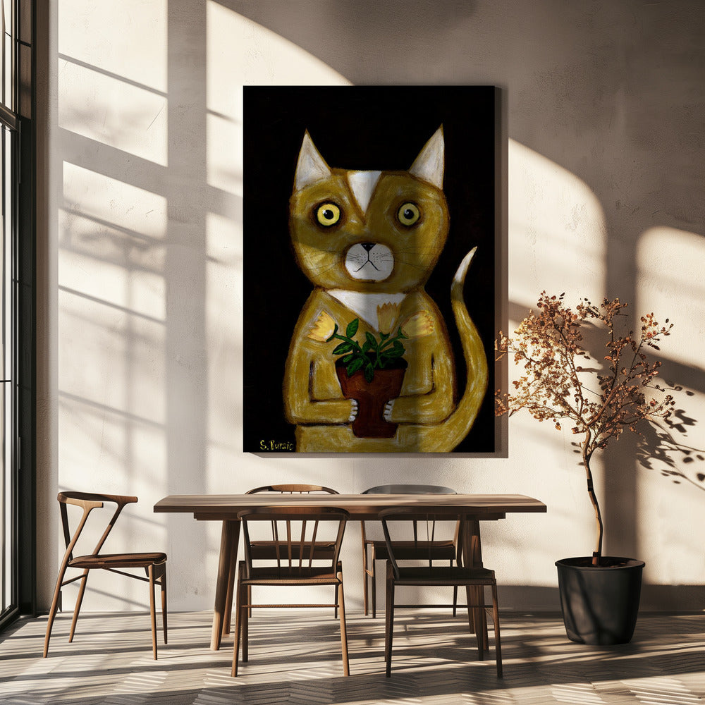 Potplant Kat zwarte achtergrond | Canvas
