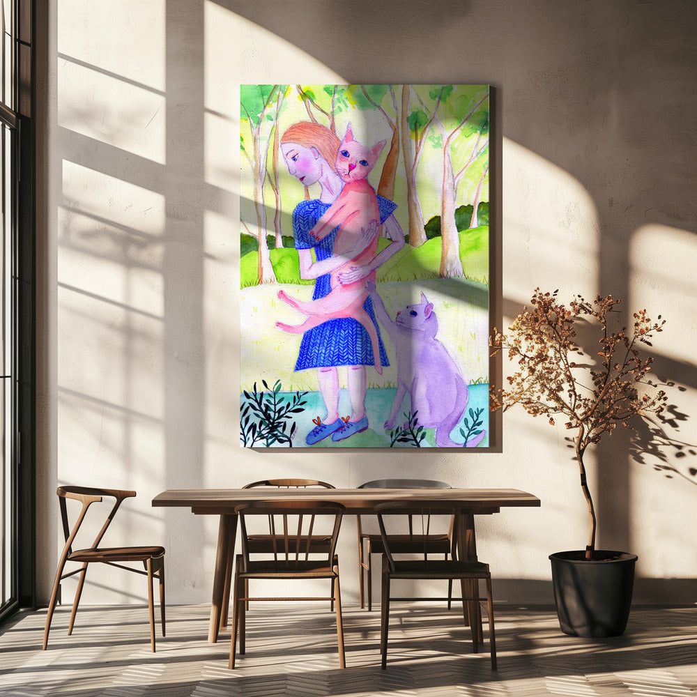 Dame met de roze en blauwe kat. | Canvas