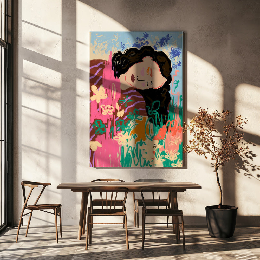 Expressieve figuur omringd door kleurrijke bloemen | Canvas