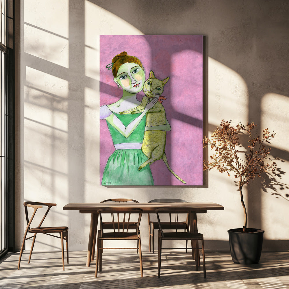 Dame met gele kat | Canvas