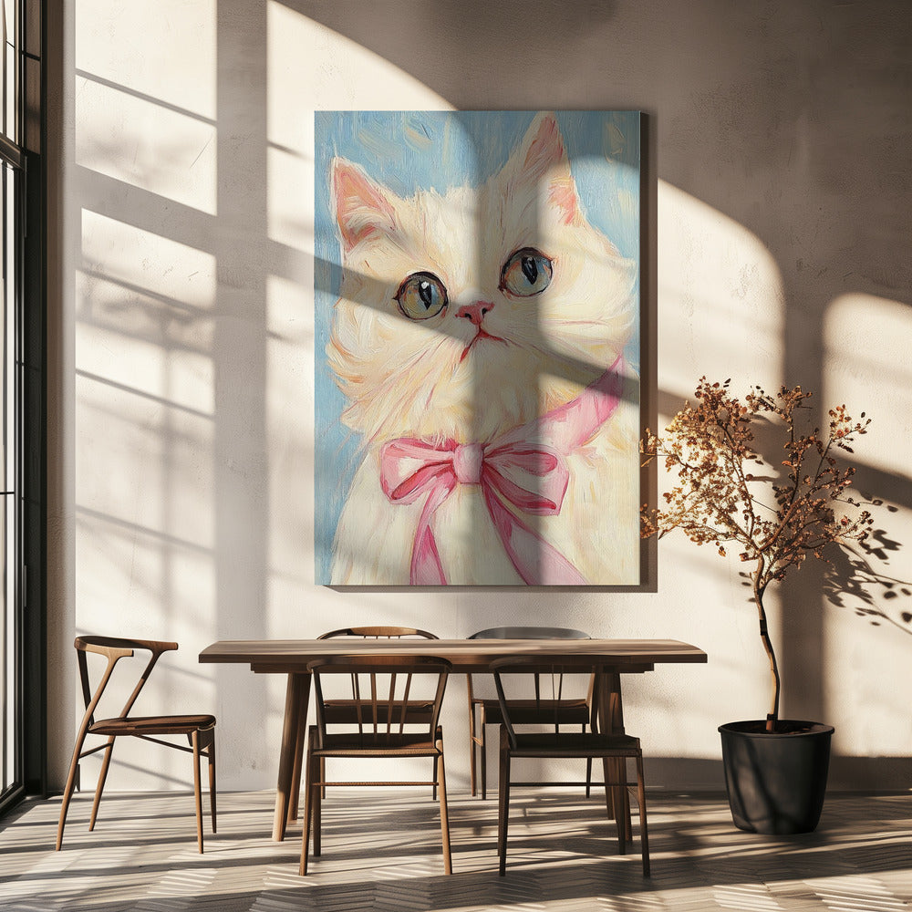 Roze strik witte kat | Canvas