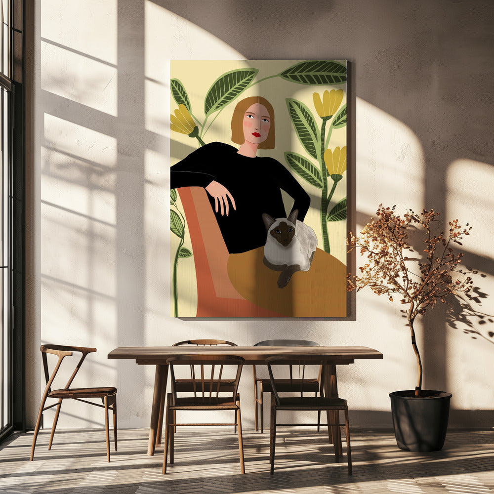 Dame met planten en kat | Canvas