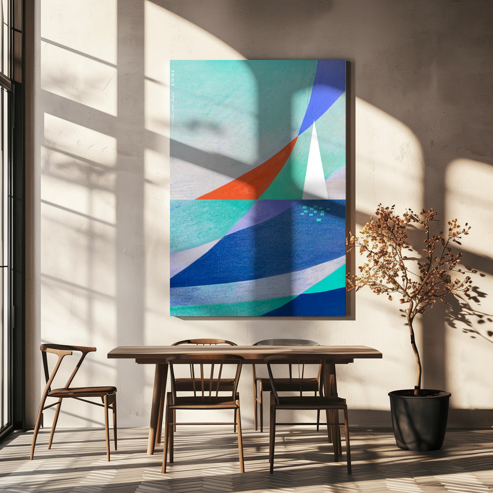 Abstracte oceaankunst met minimalistische witte zeilboot op zee | Canvas