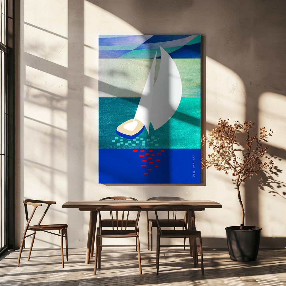 Witte zeilboot met reflecties, abstracte zeekunst met grafische strepen | Canvas