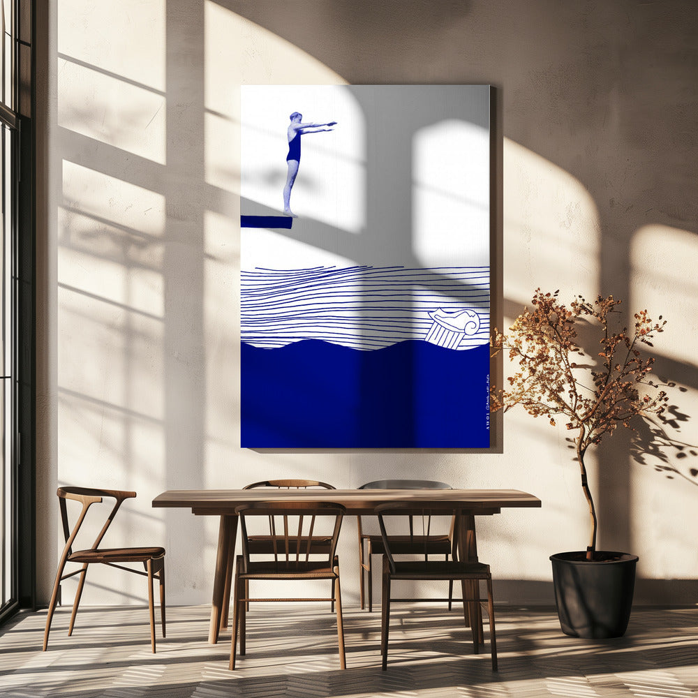 Moderne vintage strandmuurkunst, nautische kunstprint, vrouw zwemmend in abstracte zee | Canvas