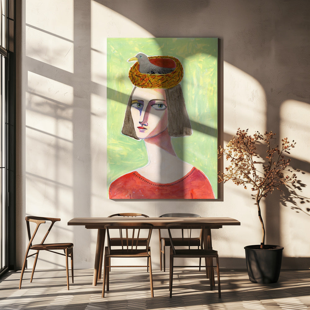 Vogelliefhebber met vogelnest op hoofd | Canvas