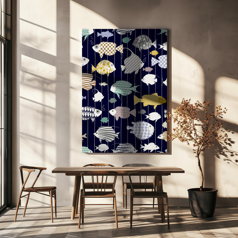 Verse vis op donkerblauw patroon | Canvas