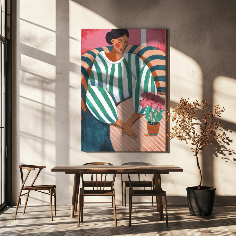 Vrouw in strepen in gedachten | Canvas