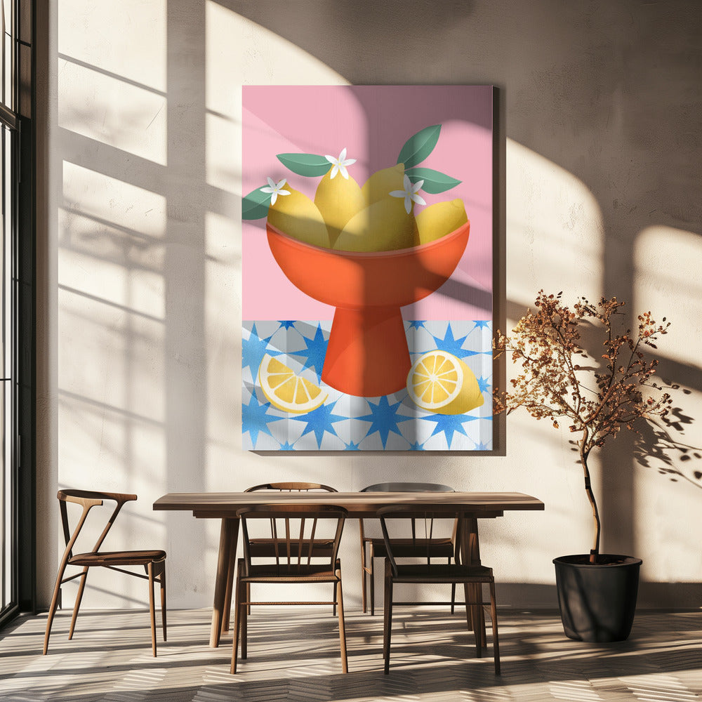Citroenen in een rode voetstukkom | Canvas