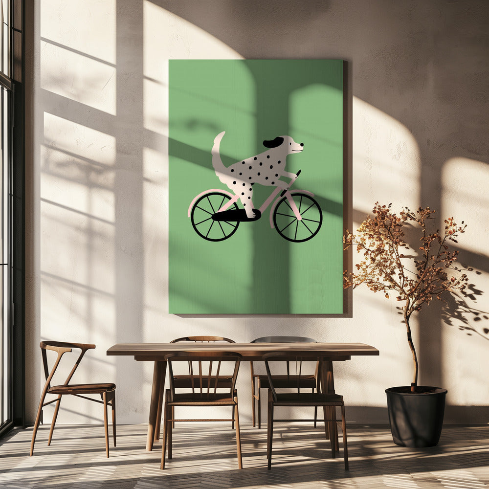 Gevlekte hond op de fiets | Canvas