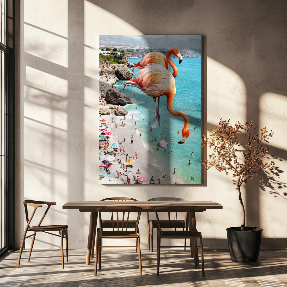Flamingo's op het strand | Canvas