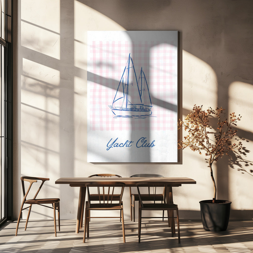 Minimalistische blauwe lijntekening van een jacht | Canvas