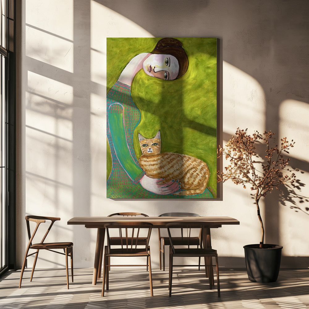 Bent Neck Lady met haar geliefde gemberkat. | Canvas
